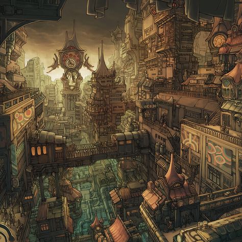 Steampunk Asian City, Underground Steampunk City, Biopunk Concept Art, Steampunk Concept Art, Steampunk Environment, Steampunk Building, Steampunk World, Victorian Theme, Steampunk City