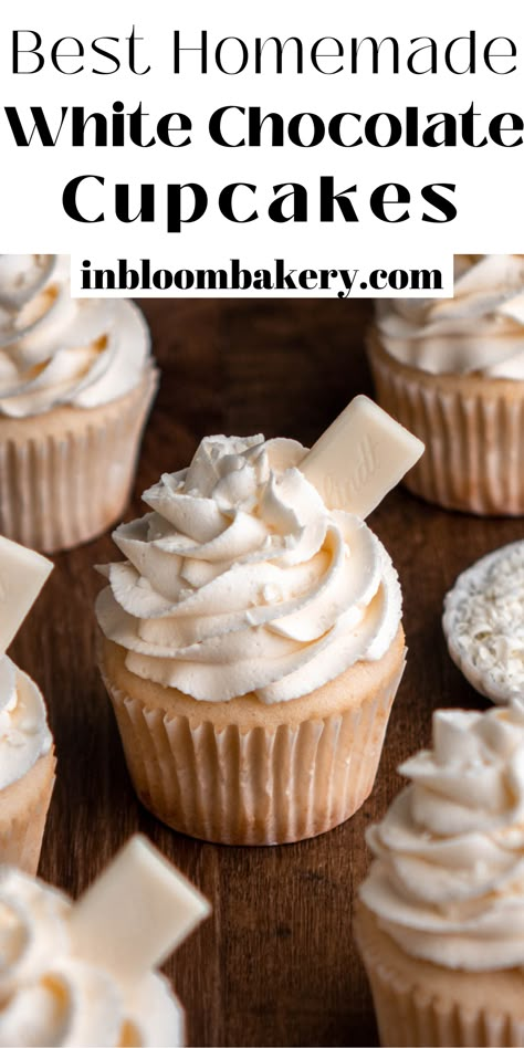 These are soft and tender white cupcakes filled with silky white chocolate ganache and topped with decadent white chocolate buttercream frosting. White Chocolate Mocha Cupcakes, White Chocolate Cupcakes Box Cake Mixes, Sellable Treats, Cupcake Creme, White Chocolate Buttercream Frosting, Easy Desserts To Make, In Bloom Bakery, Bloom Bakery, Best White Chocolate