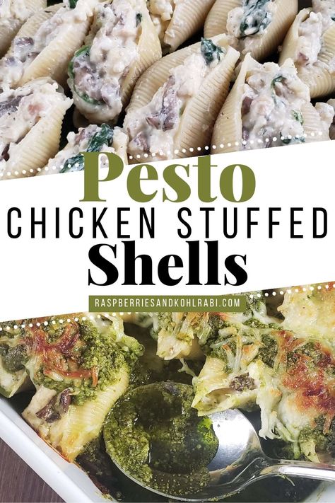 Pesto Chicken Stuffed Shells are a delectable fusion of tender chicken, ricotta cheese, and flavorful pesto sauce. Each pasta shell is generously filled with this delightful mixture, baked to perfection, and served with a drizzle of additional pesto, creating a comforting and gourmet dish that's both satisfying and indulgent. Stuffed Shells With Pesto, Chicken Mushrooms And Spinach, Pesto Stuffed Shells, Sausage Stuffed Shells, Chicken Ricotta, Chicken Stuffed Shells, Spinach Stuffed Shells, Mushrooms And Spinach, Chicken Mushrooms