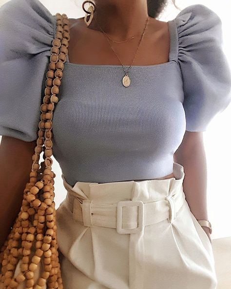 Dusty blue puff sleeve top + off white belted shorts Puff Sleeve Top Outfit, Blue Puff Sleeve Top, Blue Shorts Outfit, Puffed Sleeves Top, Blue Top Outfit, Uni Outfit, Light Blue Crop Top, Off White Belt, Paris Summer