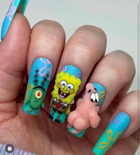 Sport Nails Length Ideas, Patrick Star Nails Design, Summer Nail Inspo Square Long, Nail Ideas Cartoon, Patrick Nails Spongebob, Spongebob And Patrick Nails, Pregnancy Announcement Nails, Ugly Nails Fail, Paw Patrol Nails