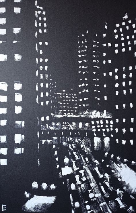 Black And White City Painting, City Night Landscape, Oil Painting Night, Alevel Art, City Abstract, Blurry Lights, Office Painting, Painting Architecture, Black White Wall Art