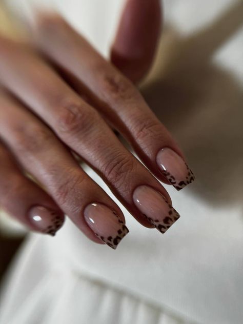 Simple Design On Nails, Very Simple Nail Ideas, Nail Inspiration Square Short, Leopard Print Biab Nails, Short Nails Leopard Print, Short Nails For Healthcare Workers, Short Cheetah Print French Tip Nails, Square Shaped Nails Design, Nail Inspo Leopard Print