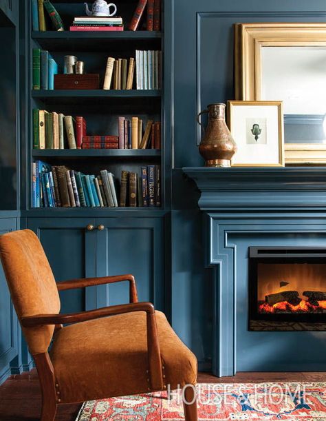 Best Moody Benjamin Moore Colors, Navy Blue Electric Fireplace, Hudson Interior Design, Rugs For Blue Walls, Benjamin Moore Dark Walnut, Deep Moody Blue Paint, Moody Coffered Ceiling, Deep Blue Walls Living Room, Blue Library Room Wall Colors