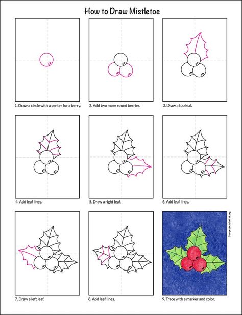 Draw Holly Leaves, Draw Mistletoe, Mistletoe Drawing, Coloring Pages Activities, Holly Leaves And Berries, Art Lessons For Kids, Drawing Flowers, Holly Leaves, Homeschool Art