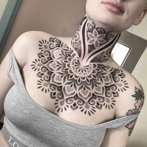 Exploring the Meaning and Beauty of Sacred Geometry Tattoos Geometric Throat Tattoo, Butterfly Tattoo Minimalist, Mandala Tattoo Neck, Tattoo Women Back, Mandala Chest Tattoo, Hand Tattoo Butterfly, Geometric Tattoo Neck, Man Tattoo Ideas, Chest Neck Tattoo