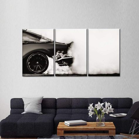 Muscle Car Drift Multi Panel Canvas Wall Art Wall Art Mens Bedroom, Crazy Posters, Guy Living Room, Basement Vibes, Bachelor Bedroom, Car Room Decor, Masculine Wall Art, Bedroom Decor For Men, Flip Houses