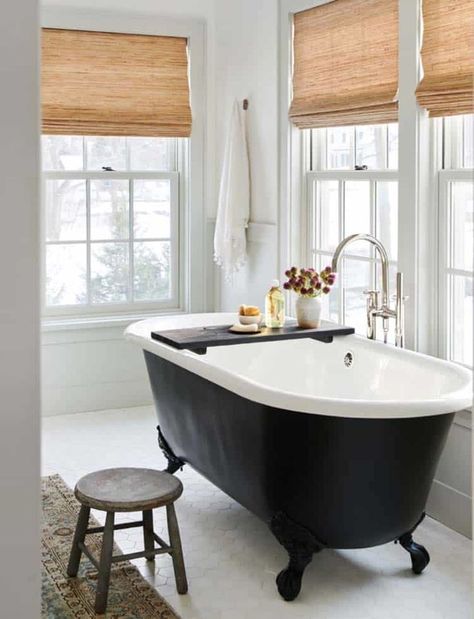 Tour the ultimate dream house in beautiful Southern California Wood Bath Tray, Black Clawfoot Tub, Clawfoot Tub Bathroom, Tub Bathroom, Wood Bath, Bath Tray, Black Bath, Cottage Bathroom, Bathroom Modern