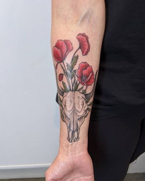 Steer Head Tattoo With Flowers, Steer Head Tattoo, Cow Skull Tattoos, Canada Tattoo, Vancouver Tattoo, Tattoo With Flowers, Steer Head, Poppies Tattoo, Head Tattoo