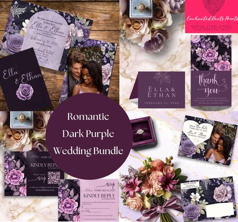 Moody Black & Purple Floral Gatefold Invitation Bundle Elegant Dark Moody Rose for Romantic Weddings, Photo Whimsical Canva Template PURPLE by EnchantedKnotsPrints on Etsy Dark Purple Wedding Theme, Gatefold Invitation, 2026 Wedding, Dark Purple Wedding, Purple Wedding Reception, Moody Purple, Pink Purple Wedding, Purple Wedding Theme, Purple Color Palettes