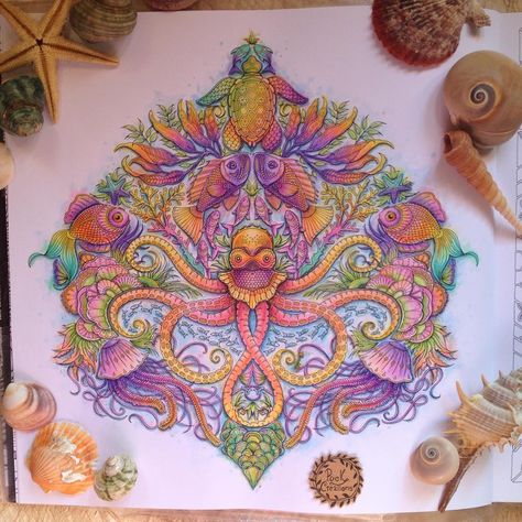 Johanna Basford Coloring Book Lost Ocean, Lost Ocean Coloring Book Finished Pages, Lost Ocean Coloring Book Finished, Puck Creations, Lost Ocean Johanna Basford, Secret Garden Coloring Book Finished, Magic Jungle, Johanna Basford Lost Ocean, Prismacolor Drawing