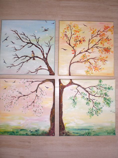 Four Season Painting Ideas, 4 Seasons Tree Painting, Four Seasons Drawing, Seasons Tree Art, Four Season Tree, Four Seasons Painting, Seasons Painting, Four Seasons Tree, Four Seasons Art