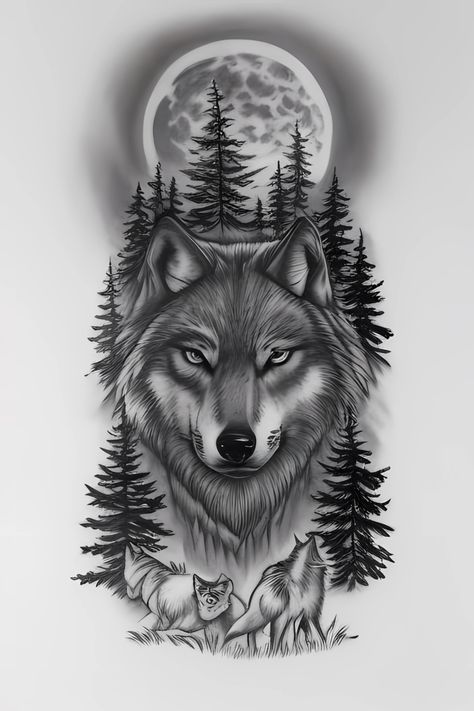 wolf tattoo Animals Of Strength Tattoo, Wolf And Skull Tattoo Design, Wolf Tattoo Design Men Thigh, Nature Tattoos Animals, Wolf Drawing Tattoo Ideas, Wolf Tattoo Stencil Design, Wolf Moon Tattoo Design, Tattoo Designs Nature, Wolf Tattoo Design Men Arm