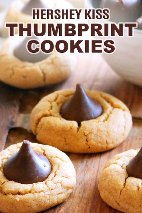 Hershey Kiss Thumbprint Cookies, Kiss Thumbprint Cookies, Peanut Butter Hershey Kiss Cookies, Peanut Butter Kiss Cookies Recipe, Peanut Butter Thumbprint Cookies, Kiss Cookie Recipe, Hershey Kiss Cookies, Chocolate Hershey, Peanut Butter Kiss