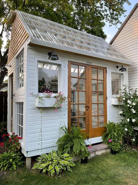 Backyard Library, Garden Shed Exterior Ideas, Shed Exterior Ideas, Storage Building Plans, Cottage Garden Sheds, Garden Library, Diy Gazebo, Diy Greenhouse Plans, Build A Shed