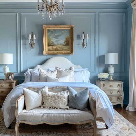 soft blue french country bedroom Light Blue French Bedroom, Blue English Bedroom, French Bedroom Blue, Parisian Blue Bedroom, Blue French Bedroom, French Blue Decor, French Blue Walls, Blue French Country Bedroom, French Toile Benjamin Moore