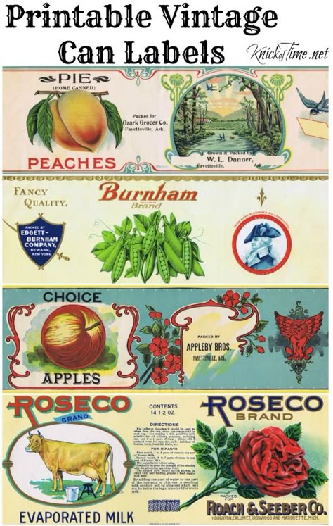 Tin Can Vases @ KnickofTime.net Vintage Can Labels, Color Printables, Vintage Food Labels, Fruit Labels, Gardening Vegetables, Etiquette Vintage, Free Vintage Printables, Crate Label, Dollhouse Printables