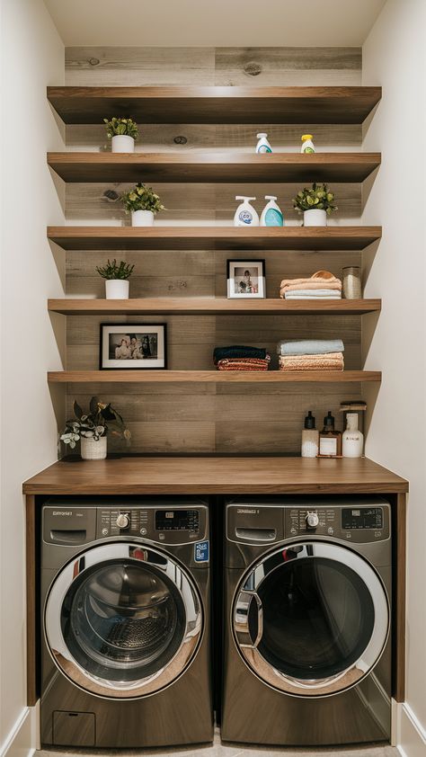 Small Laundry Room Makeover 20 Ideas for a Stylish and Functional Space Floating Shelves Above Washer And Dryer, Floating Shelves Over Washer And Dryer, Laundry Room Shelving Organization, Tiny House Laundry Room Ideas, Laundry Floating Shelves, Small Laundry Room Shelving, Laundry Shelves Above Washer, Diy Basement Laundry Room Ideas, Small Laundry Room Makeover Modern