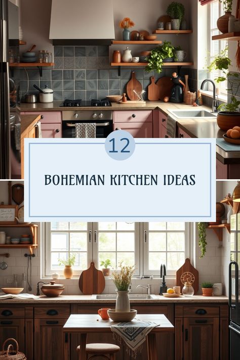 Discover 12 stunning bohemian kitchen ideas that bring style and personality into your space. Two inspiring images showcasing creative decor and cozy designs. Bohemian Kitchen Ideas, Bohemian Kitchens, Earthy Kitchen, Cozy Eclectic, Kitchen Bohemian, Wooden Countertops, Quirky Kitchen, Plant Kitchen, Funky Rugs