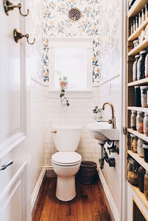 dream house, home design, wood floor, bathroom, half bath, white, tile, wallpaper, brass, interior design, Mid Century Maximalism, Classy Wallpaper, Downstairs Loo, Powder Room Design, Bad Inspiration, Power Room, Tiny Bathrooms, Bathroom Color, White Subway Tile