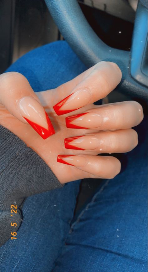 Red V French Tip Nails, Cut French Tip Nails, V Cut French Tip Nails, V French Nails, V French Tip, Acrylic Nails Stiletto, Nails Stiletto, How To Cut Nails, Dip Nails