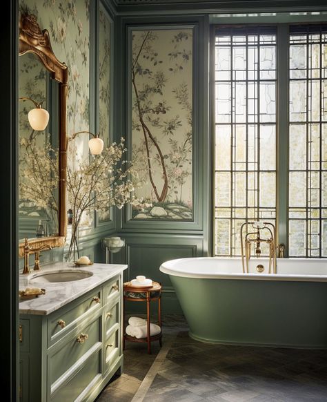 Drømme Bad, Bamboo Bathroom, Victorian Bathroom, Bathroom Inspiration Decor, Green Bathroom, Bathroom Wallpaper, Dream House Interior, Dream House Decor, Beautiful Bathrooms