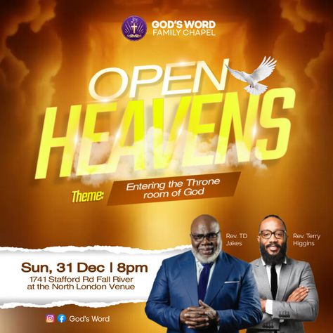 Open Heavens church flyer Open Heavens Flyer Design, 31st Night, Prophetic Flyer Design, Open Heaven, Church Invitation Flyer, Church Graphic Design Event Flyers, Church Revival Flyer Design, Church Conference, Church Flyer Postermywall