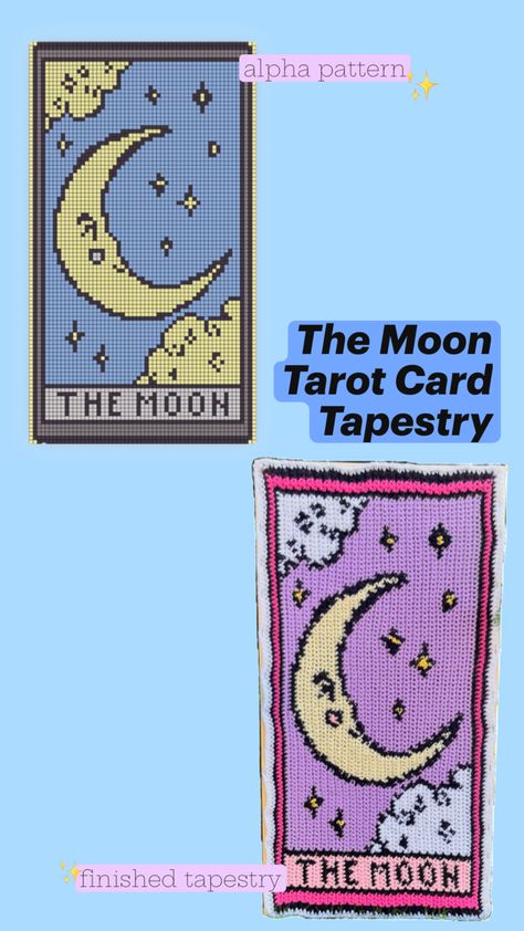 alpha pattern and finished product of a crochet tapestry of a moon tarot card Tarot Card Tapestry, Crochet Moon, Moon Tarot Card, The Moon Tarot Card, The Moon Tarot, Moon Tapestry, Stars Moon, Crochet Tapestry, Alpha Pattern