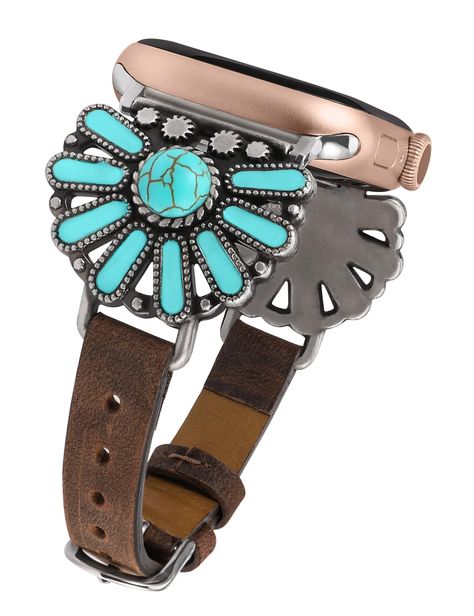 PRICES MAY VARY. 【Boho Chic & Western Design】This Western band compatible with Apple watch band offers unique look with well-crafted Western famine design. The turquoise stone and its surrounding drop design form the shape of a sunflower, symbolizing sunshine, happiness and hope. It's like a love letter to your wrist, with multiple romantic elements that will have you getting tons of compliments. 【Premium Material】Leather band compatible with Apple watch band is consisting of genuine leather, tu Western Jewelry Women, Western Shopping, Kid Jewelry, Apple Watch Band Women, Burned Hats, Apple Watch Bands Women, Classy Watch, Christian Bracelets, Navajo Pearls