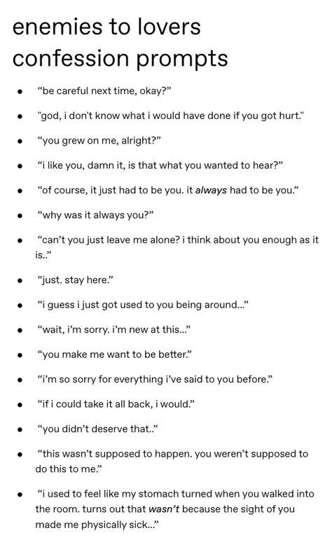 Ideas For Scenarios, Writing Prompts Confession, Writing Confession Scenes, How To Write A Confession Scene, Story Prompts Enemies To Lovers Ideas, Characters First Meeting Prompts, Book Characters Ideas Writers, Scenarios For Writing, Enemies To Lovers Confession