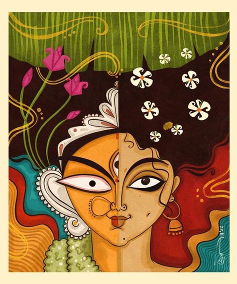 Shakchunni Drawing, Maa Durga Bengali Art, Kolkata Canvas Painting, Kolkata Aesthetic Art, Shakchunni Art, Shakchunni Art Aesthetic, Durga Abstract Art, Joyeeta Joy Art, Indian Paintings Easy