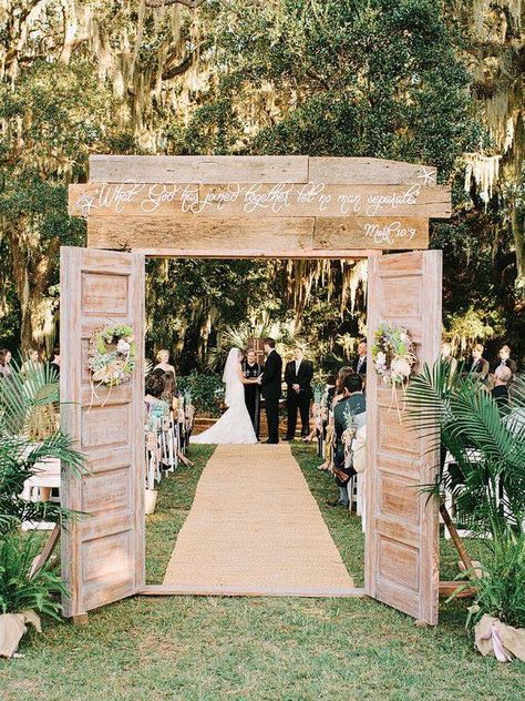 Wedding ceremony Hilton Head Island Wedding, Church Wedding Ceremony, Unique Wedding Decor, Door Entrance, Farmhouse Front, Entrance Design, Vintage Wedding Decorations, Outdoor Wedding Ceremony, Island Weddings