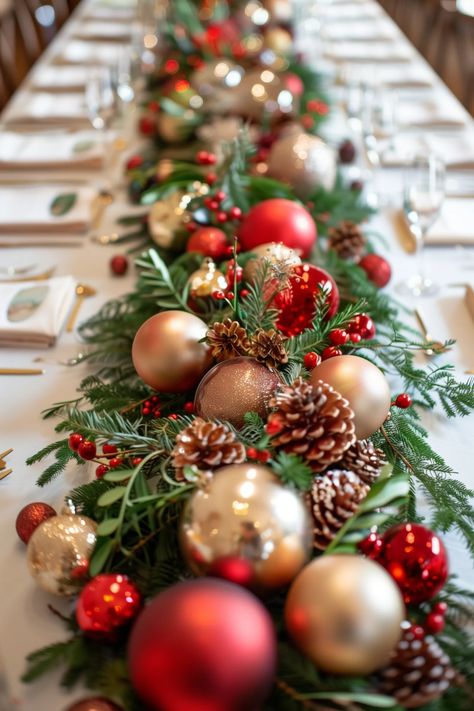 25 Best Christmas Table Centerpieces To Recreate On A Budget Garland Table Decor Christmas, Christmas Decor Ideas For The Table, Easy Christmas Wedding Centerpieces, Christmas Centerpieces Ornaments, Greenery Centerpiece Christmas, Christmas Table Party Decorations, Christmas Table Decor On A Budget, Banquet Christmas Centerpieces, Christmas Bouquet Centerpiece