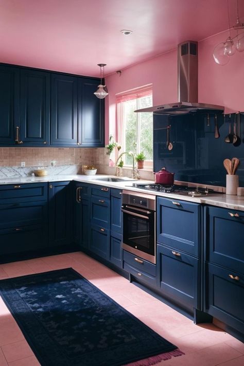 Wood Cabinets Kitchen, Neon Kitchen, Pink Cabinets, Kitchen Pink, Kitchen Background, Navy Kitchen, Room Things, Pastel Kitchen, Photo Sign