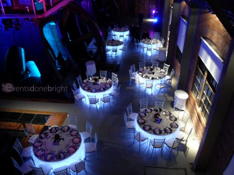 Under table lighting adds a special 'wow' factor! Wedding Table Lighting, Glow Table, Mitzvah Decor, Blue Gold Wedding, Prom Decor, Table Lighting, Venue Decor, Banquet Tables, Event Lighting