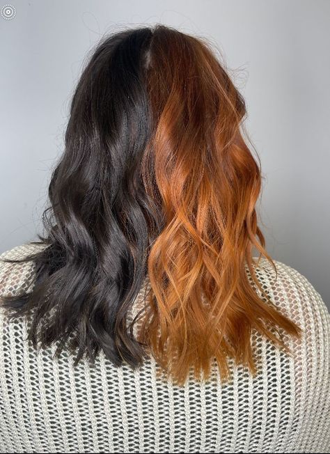 Ginger And Black Hair Split, Split Hair Color Ideas Brown, Black And Copper Split Dye, Half Brown Half Ginger Hair Split, Half Dark Brown Half Red Hair, Brown And Orange Hair Split, Brown Red Split Dye, Copper Half And Half Hair, Split Dye Hair Natural Colors