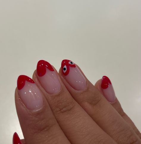 Short Nails Heart, Cdg Nails, Cdg Heart, Nail Heart, Heart With Eyes, Nails Heart, Pedi Ideas, Nails Red, Heart Nails