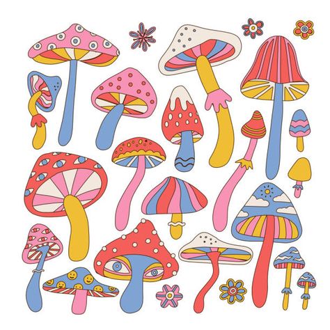 Posters Mushroom, 1960s Posters, Trippy Mushroom, Mushroom Paint, Rainbow Tattoos, Mushroom Tattoos, Mushroom Drawing, Mushroom Decor, Tattoo Illustration