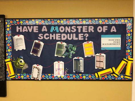 Monsters Inc Room Transformation, Monster Inc Bulletin Board, Time Management Bulletin Board, Monsters Inc Crafts, Monsters Inc Doors, Nursing School Inspiration, College Bulletin Boards, Ra Themes, Monsters Inc University