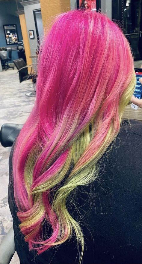 Jen used the colors of a watermelon to give me this pink and green hair! Perfect for spring! Green And Pink Hair Aesthetic, Pink To Green Ombre Hair, Green Hair With Pink Highlights, Pink Green And Blonde Hair, Pink Hair With Green Highlights, Pink Hair With Green Tips, Green To Pink Hair, Pink And Green Peekaboo Hair, Pink And Green Hair Ideas