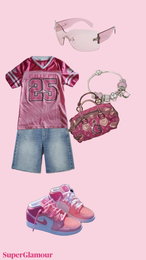 Pink jersey outfit #chiefsfootball #pinkaesthetic #pinkjordans #jortsfit #bag #glasses #pandoracharms Pink Jersey Outfit, Y2k Pink Outfit, Pink Streetwear, 2000s Fashion Trends, Pink Jersey, Cute Nike Outfits, Jersey Outfit, Baddie Outfits Casual, Pink Outfits