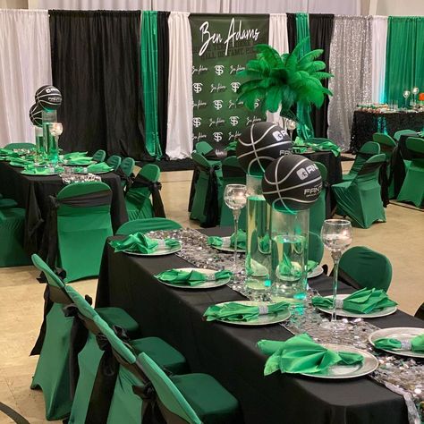 #transformationtuesday We transformed this old space and made it an elegant affair for Ben Adams Basketball Hall A Fame Party! Thank you… | Instagram Hall Of Fame Party Decorations, Birthday Hall Decorations Ideas, Hall Party Decorations, Black And Green Decorations Party, Sneaker Ball Party Ideas Women, Hall Party Ideas, Centerpieces For Party For Men, Sneaker Ball Ideas, Ball Sweet 16