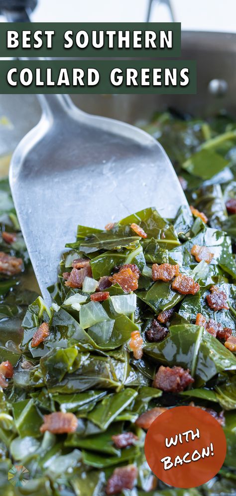 Make Southern Collard Greens on the stove for a healthy side dish. These greens are cooked with bacon and I'll teach you a tip on how to tame the bitterness! This easy recipe is a delicious way to bring in good luck on New Year's Day or anytime throughout the year. Crockpot Collard Greens, Greens With Bacon, Collard Greens With Bacon, Southern Collard Greens, Collard Greens Recipe, Turnip Greens, Collard Greens, Bacon Recipes, Healthy Side Dishes