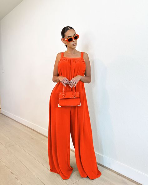 NEW COLOR 🧡  Shop this look at shopkosmios.com   Search | FREE RANGE JUMPSUIT Bright Summer Outfits, Engagement Party Outfit, Red Jumpsuit, Free Range, Summer Fits, Beautiful Clothes, Wide Leg Jumpsuit, Trendy Dresses, Jeans Dress