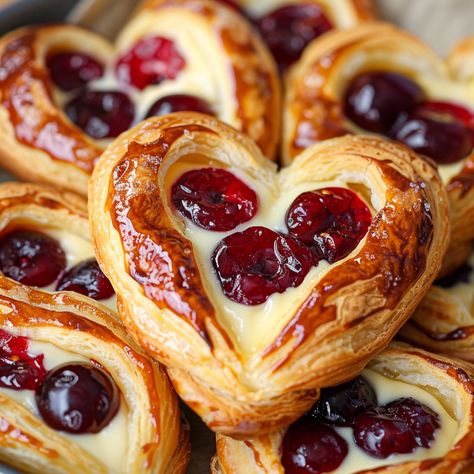 Cherry Cheese Danish Cherry Galette Recipe, Flaky Desserts, Devonshire Splits Recipe, Cute Cafe Food, Cherry Pastry Recipes, Valentine Food Ideas, Danish Coffee Cake, Cherry Sweets, Cherry Cheese Danish