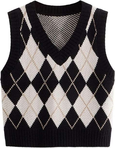 SweatyRocks Women's Plaid Geo Sleeveless V Neck Knit Crop Top Sweater Vest at Amazon Women’s Clothing store Sweater Vest Black, Plaid Sweater Vest, Argyle Sweater Vest, Sleeveless Sweater Vest, Plaid Sweater, Classic Sweater, Vest Pattern, Argyle Sweater, Top Sweater