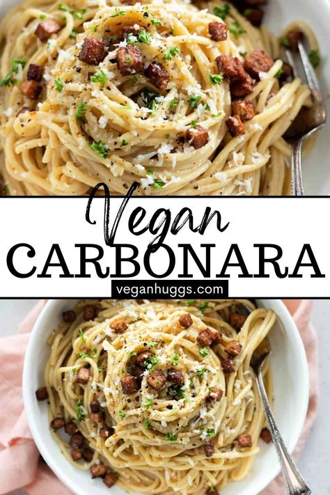 This Vegan Carbonara is a hearty comfort food cooked with delicious tofu bacon and a smooth sauce bursting with smoky and cheesy aromas. It'll quickly become a family favorite! #VeganHuggs #VeganRecipes #dairyfree #italianpasta #carbonara Vegan Carbonara, Sushi Vegan, Creamy Carbonara, Smoked Tofu, Vegan Spaghetti, Carbonara Sauce, Vegan Pasta Recipes, Carbonara Pasta, Spaghetti Carbonara