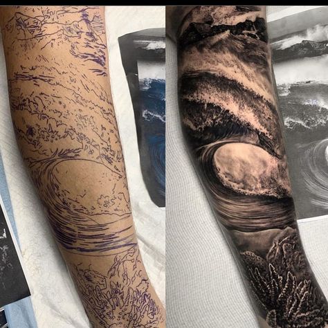 Wave Tattoo Sleeve, Sea Tattoo Sleeve, Ocean Wave Tattoo, Dm Tattoo, Half Sleeve Tattoos Forearm, Surf Tattoo, Cool Half Sleeve Tattoos, Octopus Tattoo Design, Sea Tattoo