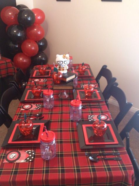 Nerdy Hello Kitty Party #hellokitty #party Nerd Birthday, Birthday Hello Kitty, Nerd Party, Hello Kitty Theme Party, Buffalo Plaid Christmas Decor, Hello Kitty Birthday Party, Plaid Christmas Decor, Hello Kitty Themes, Kitty Party