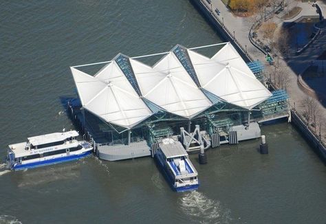 Battery Park City Ferry Terminal - Alchetron, the free social encyclopedia Project Summary, Battery Park City, Marine City, Membrane Structure, Ferry Terminal, Tensile Structures, Battery Park, Floating Dock, River Park